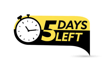 5 days left. Vector emblem with the number of days remaining. Label, blue alarm clock flat with ribbon, promotion icon, best deal symbol vector illustrationのイラスト素材