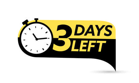 3 days left. Vector emblem with the number of days remaining. Label, blue alarm clock flat with ribbon, promotion icon, best deal symbol vector illustrationのイラスト素材