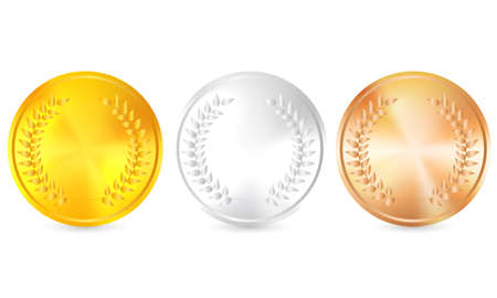 Gold, silver and bronze medals with the image of a laurel wreath. Raster illustration. Vector version is also included in the portfolioのイラスト素材