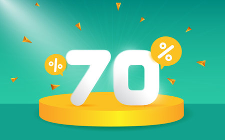 70 percent Off. Discount creative composition. 3d sale symbol with decorative objects, podium. Sale...