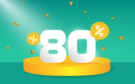 80 percent Off. Discount creative composition. 3d sale symbol with decorative objects, podium. Sale banner and posterのイラスト素材