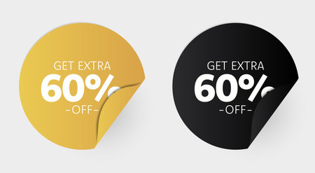 Vector Up to 60 percent Sale Buttons Shape Banner Design Set. Orenge, black Round Creative Banners Isolated for Advertisement Graphic Designsのイラスト素材