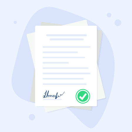 Contract papers. Document. Folder with stamp and text. Stack of agreements document with signature and approval stampのイラスト素材