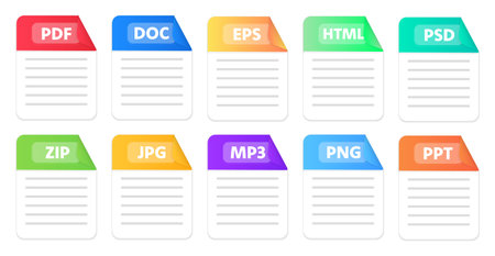 Text file extensions. Flat colored vector iconsのイラスト素材