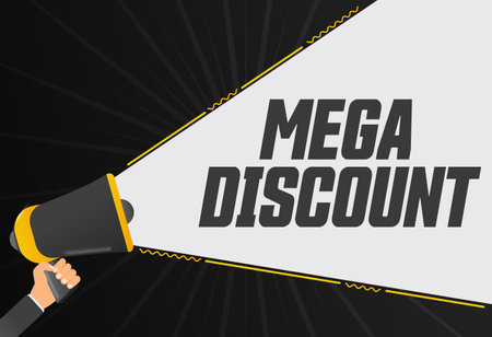 Mega discount. Megaphone in hand promotion banner. Promotional advertising, marketing speech or client support vectorのイラスト素材