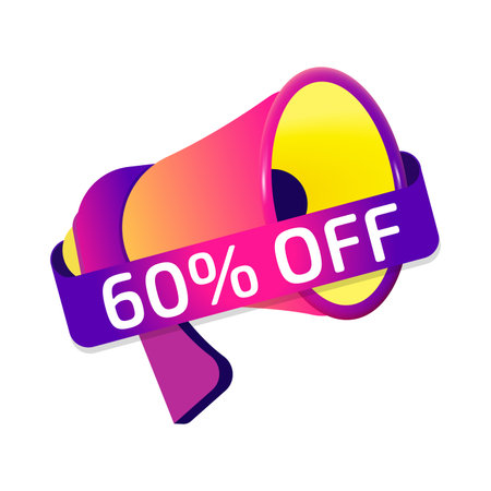 60 percent off banner label, badge icon with megaphone. Flat designのイラスト素材