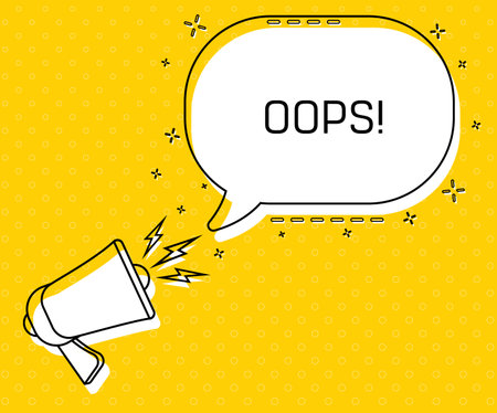 Oops. Megaphone and colorful yellow speech bubble with quote. Blog management, blogging and writing for website. Concept poster for social networks, advertising, bannerのイラスト素材