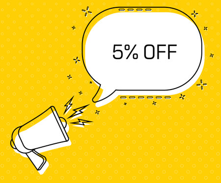 5 percent off. Megaphone and colorful yellow speech bubble with quote. Blog management, blogging and writing for website. Concept poster for social networks, advertising, bannerのイラスト素材