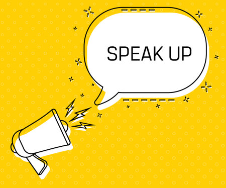 Speaking up. Megaphone and colorful yellow speech bubble with quote. Blog management, blogging and writing for website. Concept poster for social networks, advertising, bannerのイラスト素材
