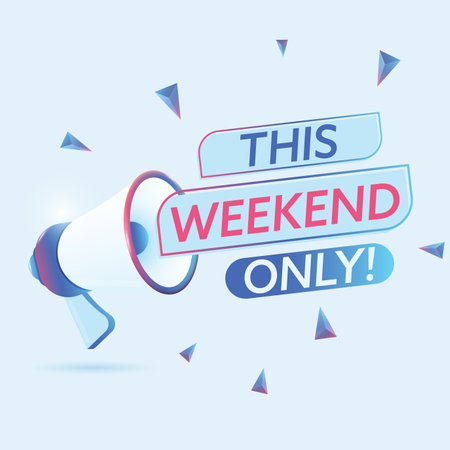 This weekend only text with 3d realistic megaphone vector illustration. Banner template to announce news about webinar in social media, training course, marketing technology posterのイラスト素材