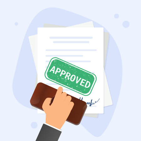 Hand holding rubber stamp. Notary stamping approved word on a documentのイラスト素材