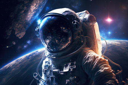 Astronaut in space in an EV suit. Close-up of an astronaut. Generative AIの素材