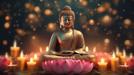 Buddha Statue Sitting in Front of Candles, Creating a Spiritual Ambience. Created with Generative AI technologyの素材