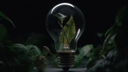 Lightbulb with plant growing inside. Global warming and saving earth concept. Created with Generative AI technologyの素材