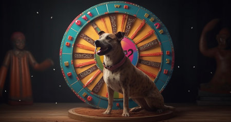 A dog in a festive costume spins the prize wheel, concept of Victory and Amusement. Created with Generative AI technologyの素材