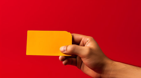 A hand holding a yellow card with a red background. Created with Generative AI technologyの素材