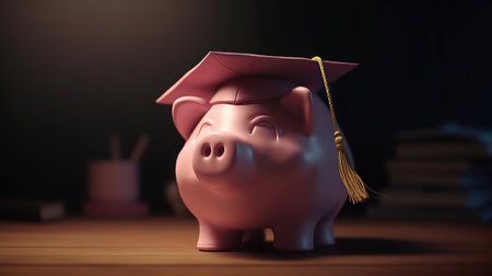 Pink piggy bank 3d with graduation cap. Created with Generative AI technologyの素材