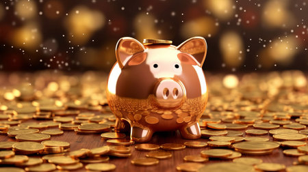A piggy bank sitting on top of a pile of gold coins. Created with Generative AI technologyの素材