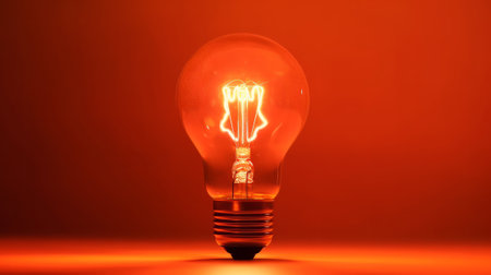 Incandescent light bulb on orange background. Created with Generative AI technologyの素材
