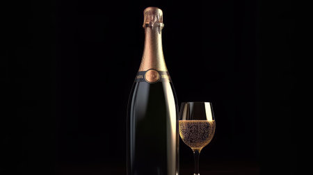 Wine bottle and glass. Created with Generative AI technologyの素材