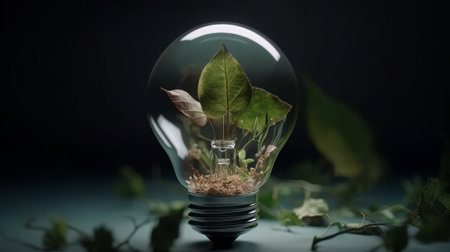 Lightbulb with plant growing inside. Global warming and saving earth concept. Created with Generative AI technologyの素材