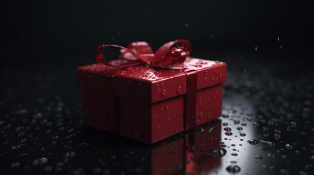 Gift box with red bow on dark background. Valentine's Day gift, Happy Women's Day, Birthday present. Created with Generative AI technologyの素材