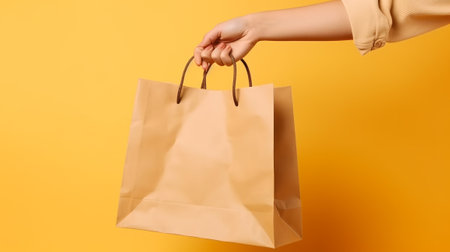 Studio photo of woman hand holding craft paper bag. Created with Generative AI technologyの素材