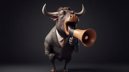 Young happy amazed excited bull in suit announcement with megaphone. Created with Generative AI technologyの素材