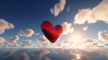 Red balloon in heart shape flying on the air with blue sky background. Valentines day concept. Created with Generative AI technologyの素材