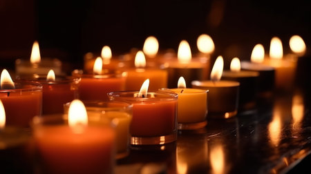Many burning candles with shallow depth of field. Created with Generative AI technologyの素材