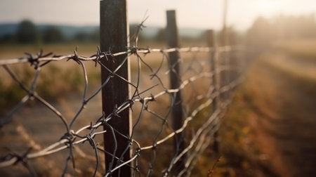 With blurry barbed wire rod fence. Created with Generative AI technologyの素材