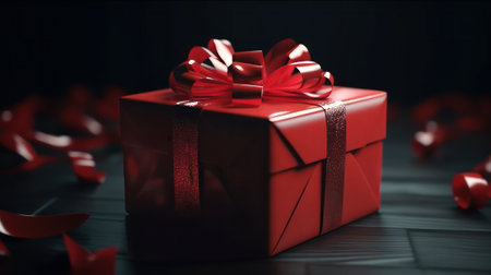 Gift box with red bow on dark background. Valentine's Day gift, Happy Women's Day, Birthday present. Created with Generative AI technologyの素材