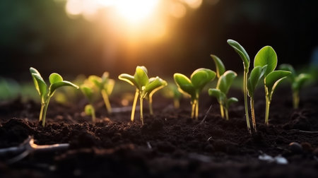 The seedlings grow from fertile soil and the morning. Created with Generative AI technologyの素材