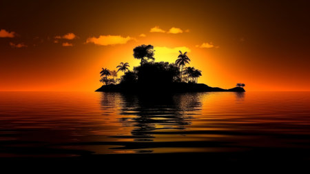 Silhouette coconut palm trees on beach at sunset. Created with Generative AI technologyの素材