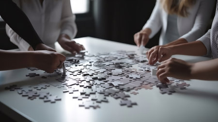 Business people team holds in hand a jigsaw or puzzle. Created with Generative AI technologyの素材