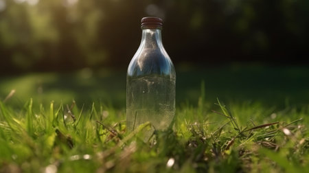 Plastic bottle of fresh water on ground in forest. Created with Generative AI technologyの素材