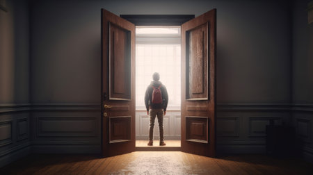 Man standing near the opened door. Created with Generative AI technologyの素材