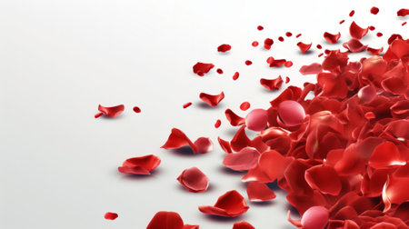 Love background with red petals of rose. Created with Generative AI technologyの素材