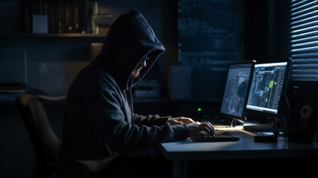 Male hacker accessing to personal information. Created with Generative AI technologyの素材