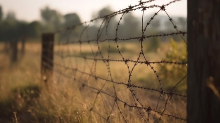 With blurry barbed wire rod fence. Created with Generative AI technologyの素材