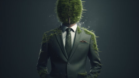 Green tree in suit, hyper realistic. Created with Generative AI technologyの素材