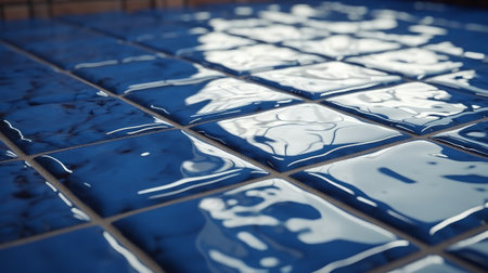 Square, Polished Wall background with tiles. Textured, tile Wallpaper with Blue Patina, 3D blocks. 3D Render. Created with Generative AI technologyの素材