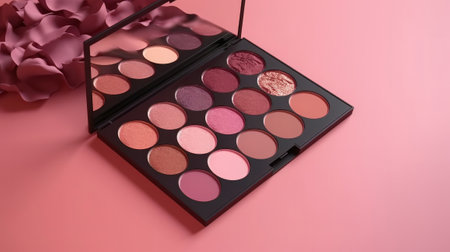 Various makeup products on pink background with copyspace. Created with Generative AI technologyの素材