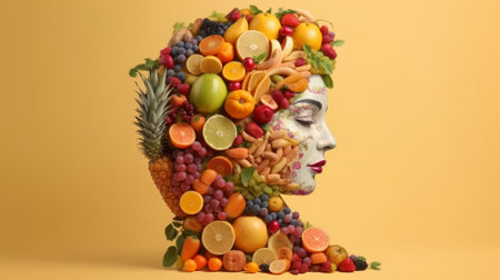 Profile made out of fruits on pastel colored background. Created with Generative AI technologyの素材