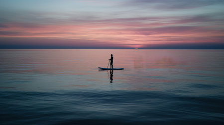 Person stand up paddle boarding dusk quiet sea sunset. Created with Generative AI technologyの素材