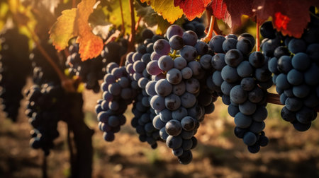 A bunch of grapes hanging from a vine in a vineyard. Created with Generative AI technologyの素材