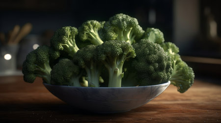 Ripe green cauliflower and broccoli. Dark wood background. Created with Generative AI technologyの素材