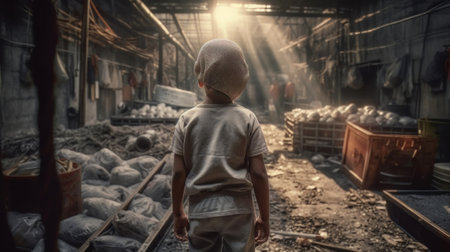 Child labor back view, concept of Exploitation and Oppression, created with Generative AI technology. Created with Generative AI technologyの素材