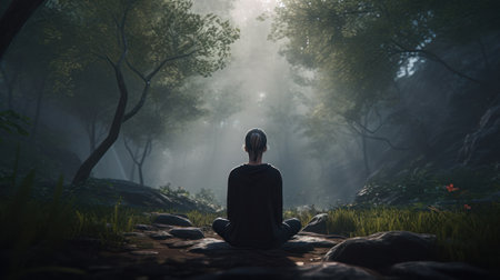 View from the back of a meditating in the middle of the forest. AI generation. Created with Generative AI technologyの素材