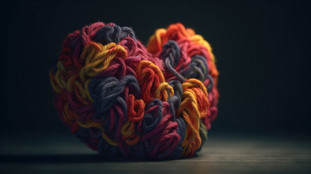 Warm woolen heart, symbol of love, made of colored wool yarn threads. Created with Generative AI technologyの素材